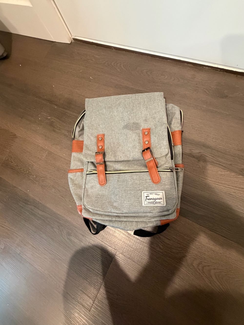 Grey Backpack with Tan Trim with USB charger cable